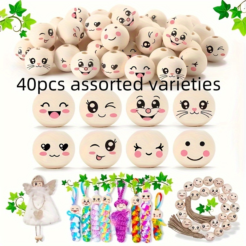 Image of 40pcs Random Assorted 8 Styles Wooden Balls 20mm Beads With Holes For Diy Crochet Crafts, Keychains, And Other Special Beaded Decor Accessories