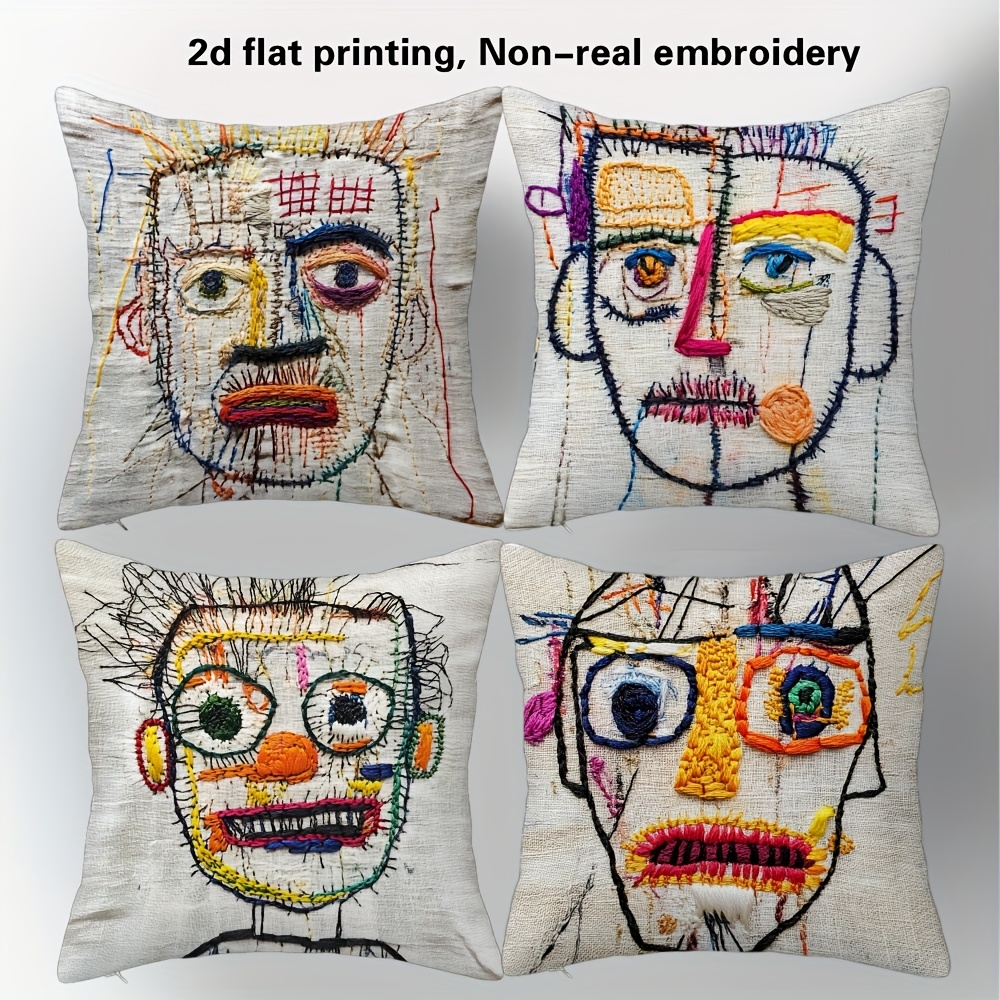 E-shop 2D Flachdruck, 4er-Set Abstrakte Bunte Gesicht Unabhängigkeitstag Feier Kissenbezüge, Festlicher 2D Doppelseitiger Druck mit Sommerdesign,