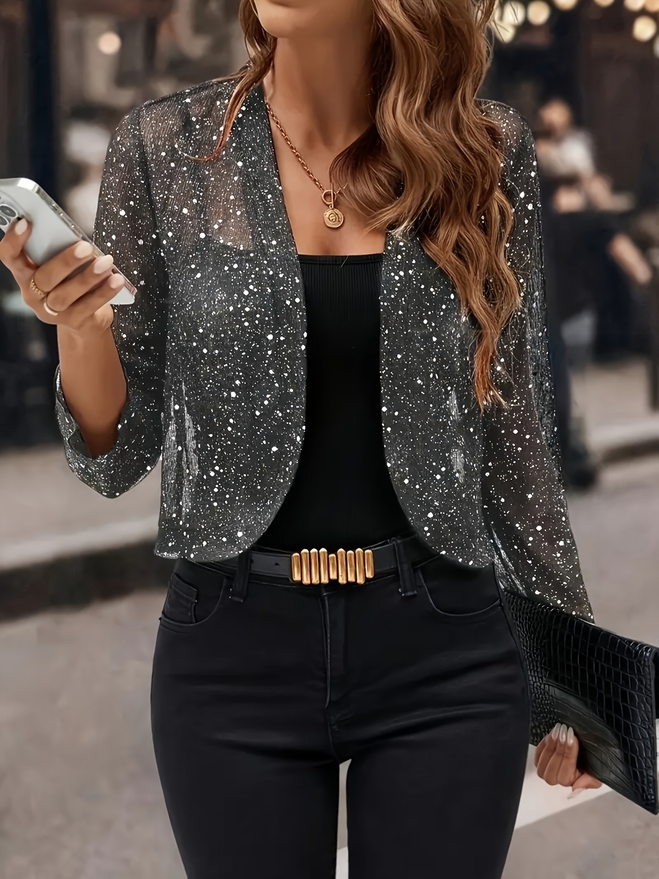 Women'S Elegant Black Sequin-Embellished Long Sleeve Jacket Versatile  Outerwear with Shoulders, Chic Collar Design Sparkling Details for