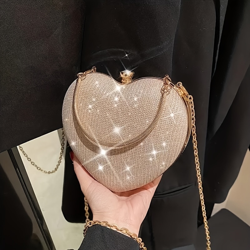 

1pc Sparkling Heart-shaped Evening Clutch, Women's Glitter Chain Crossbody Purse, Solid Color Fabric, With Cosmetic Bag, Closure, For Weddings, Parties,