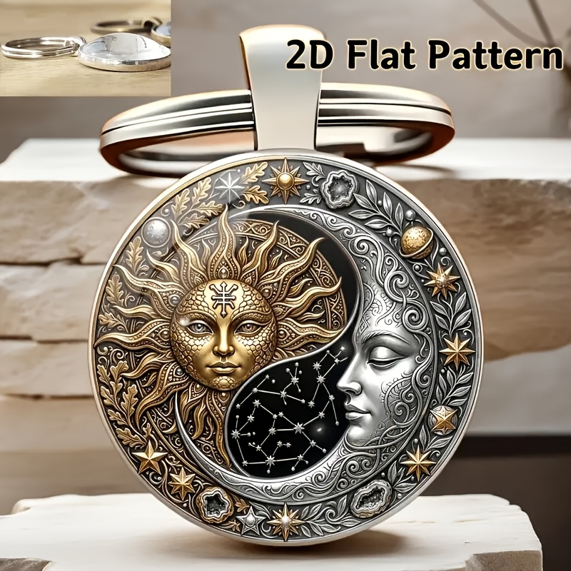 TEMU 2d Flat Fashionable Retro Sun Moon Yin-yang Constellation Keychain, Mysterious Wind Sun Moon Yin-yang Totem Keychain, Mysterious Constellation