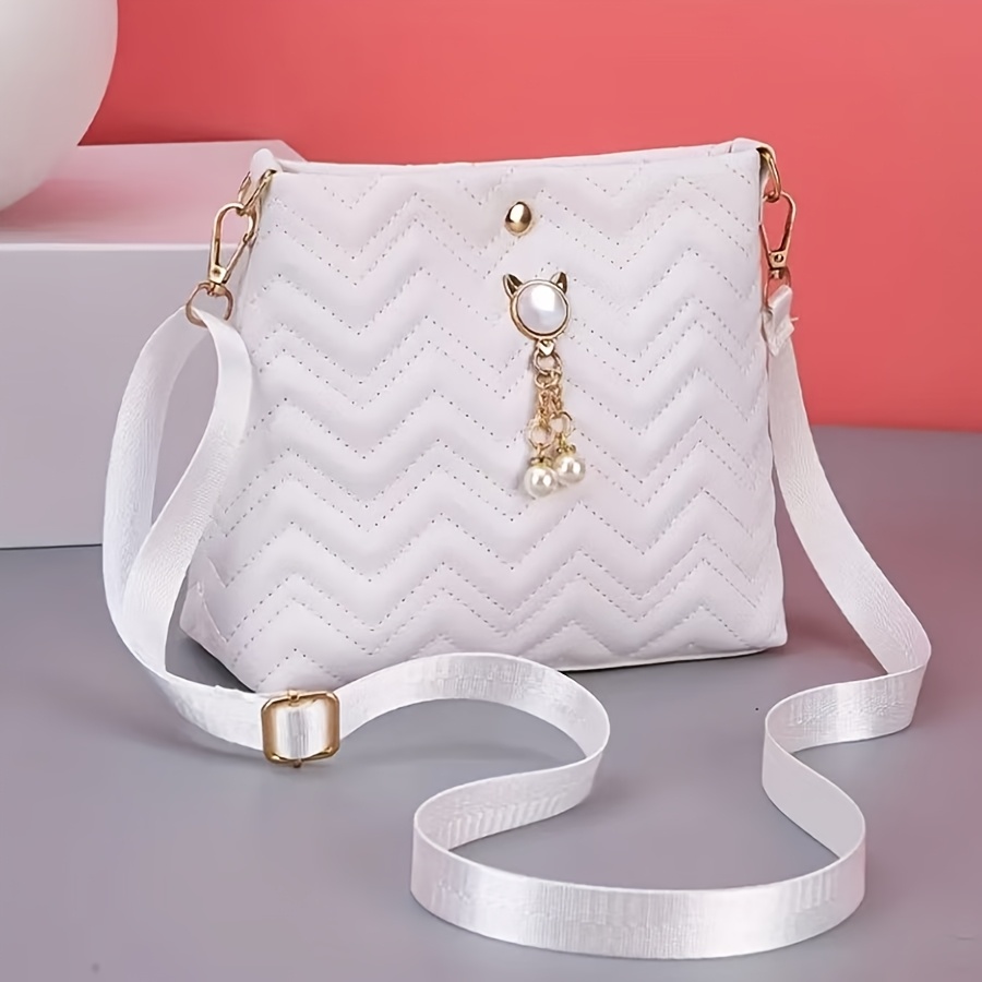 TEMU Borsa a tracolla da donna stile 2026, borsa a spalla con decorazione a ciondolo a forma trapuntato a righe ondulate e perle, facile da