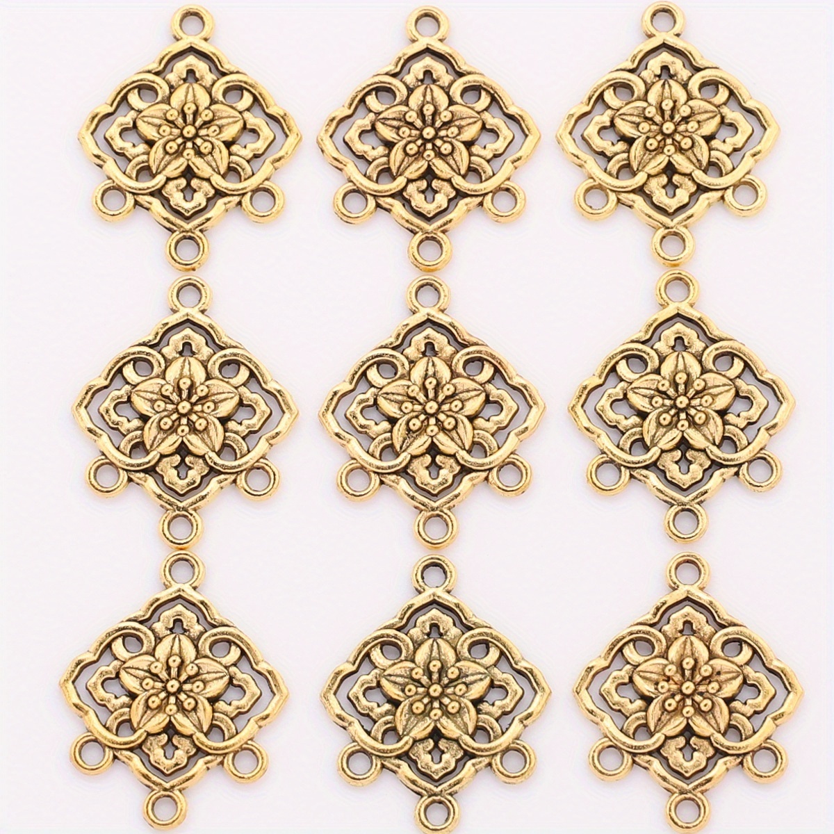 16pcs Square Flower Pendant Alloy Pendant Multi-hole Pendant Vintage Golden Handmade Hairpin Headwear Accessory For Making Bracelets, Keychains, Necklaces, Earrings