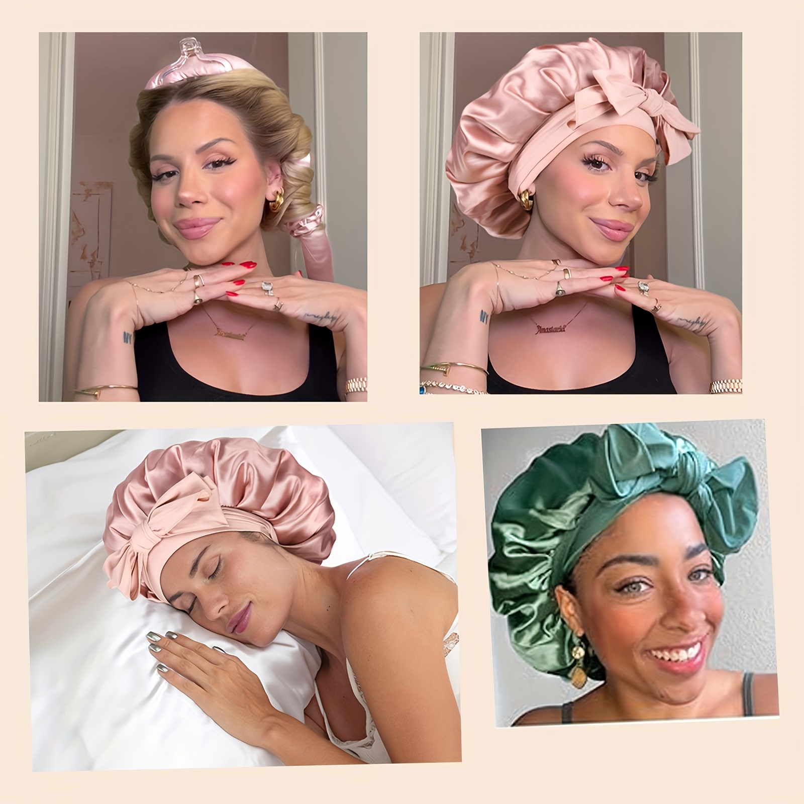 ELLITINA 5pcs No-Heat Hair Curler Set with Satin Sleep Bonnet & Headband - Heart & Solid Color Curling Rods, Overnight Curls, Hypoallligenic for Scalp, Long Hair Friendly, Adjustable DIY Multistyle for all hair Types,