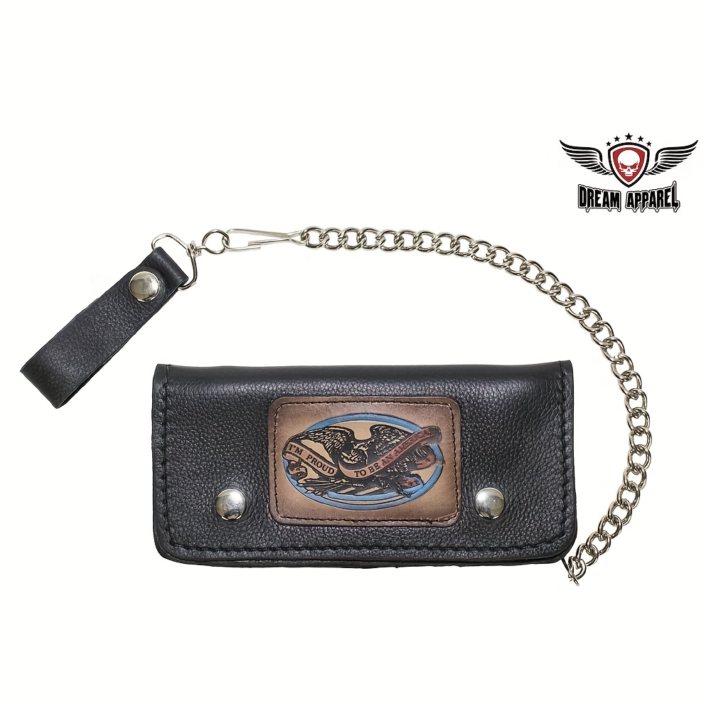 TEMU A Black Leather Wallet Made From Top-grain Material Featuring An Anti-theft Steel Chain. This Bifold Chain Wallet Is Designed For Men And Women,