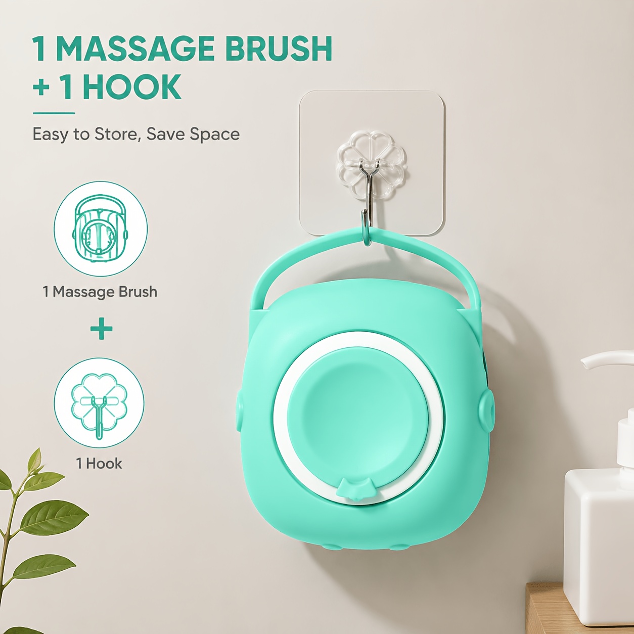 TEMU 2pcs Pet Shampoo Brush Set(1 Massage Brush+ 1 Hook), Silicone Dog& Cat Bath Brush With Built-in Dispenser, Grooming Comb For Shedding, Cleaning&
