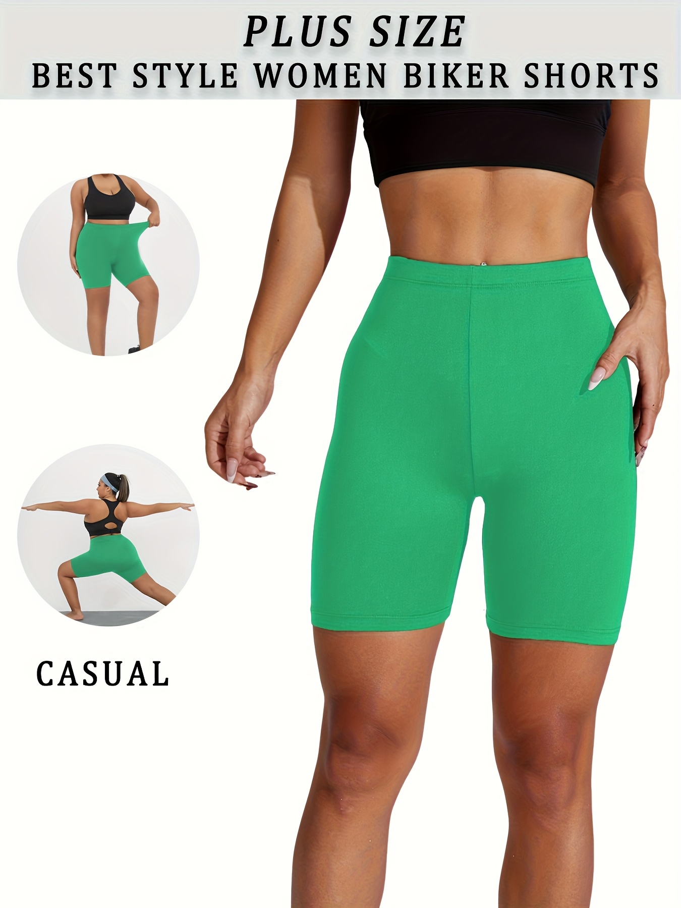 Plus Size Vibrant Green Biker Shorts for Women - Super Soft, No-See-Through, High-Waisted Workout & Yoga Gear, 15.24cm Inseam, Stretchy Polyester/Spandex Blend, Machine Washable, Plus Size Shorts
