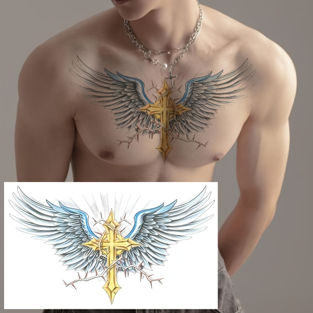 large golden cross wing temporary tattoo sticker waterproof realistic tattoo for chest waist back stylish blue for men and women back tattoo elegant design waterproof material large tattoo details 0
