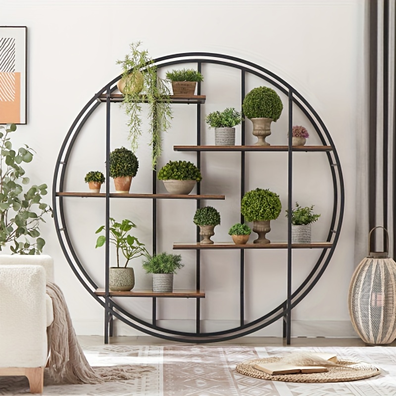 1pc round 5 tier metal plant stand bookcase storage rack indoor living room terrace garden balcony display stand rustic brown 67 w x 11 8 d x 67 h for home room living room office decor details 0