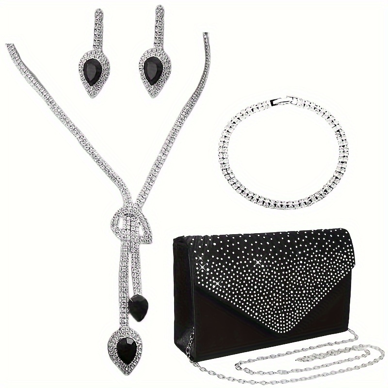 

Set Of 4 European And American Hot Drill Evening Bags Full Drill Crystal Water Drop Necklace, , And Bracelet Set. Party Banquet Dress Accessories Jewelry.