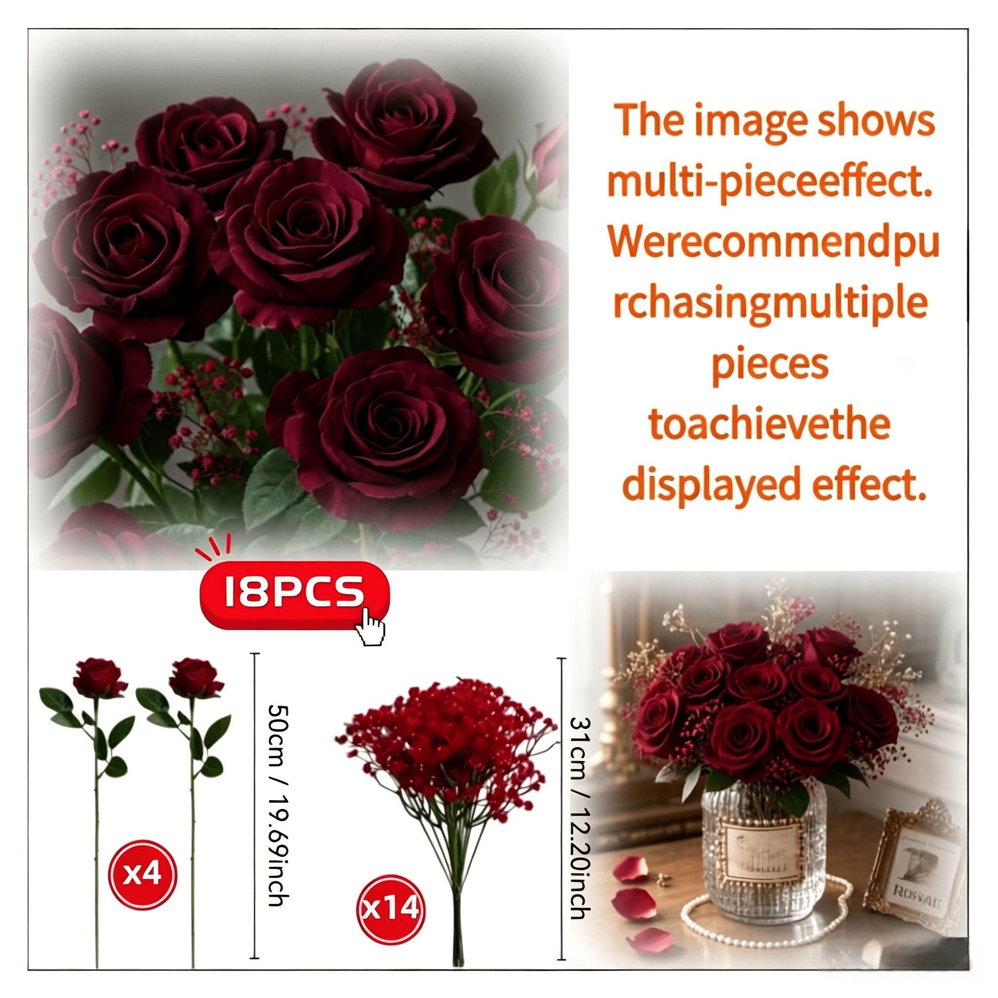 TEMU 18pcs Set Of Realistic Roses And Baby's Breath, Multi-colored Long-stem Artificial Flowers With Vibrant Mixed Hues And Natural Leaves. The