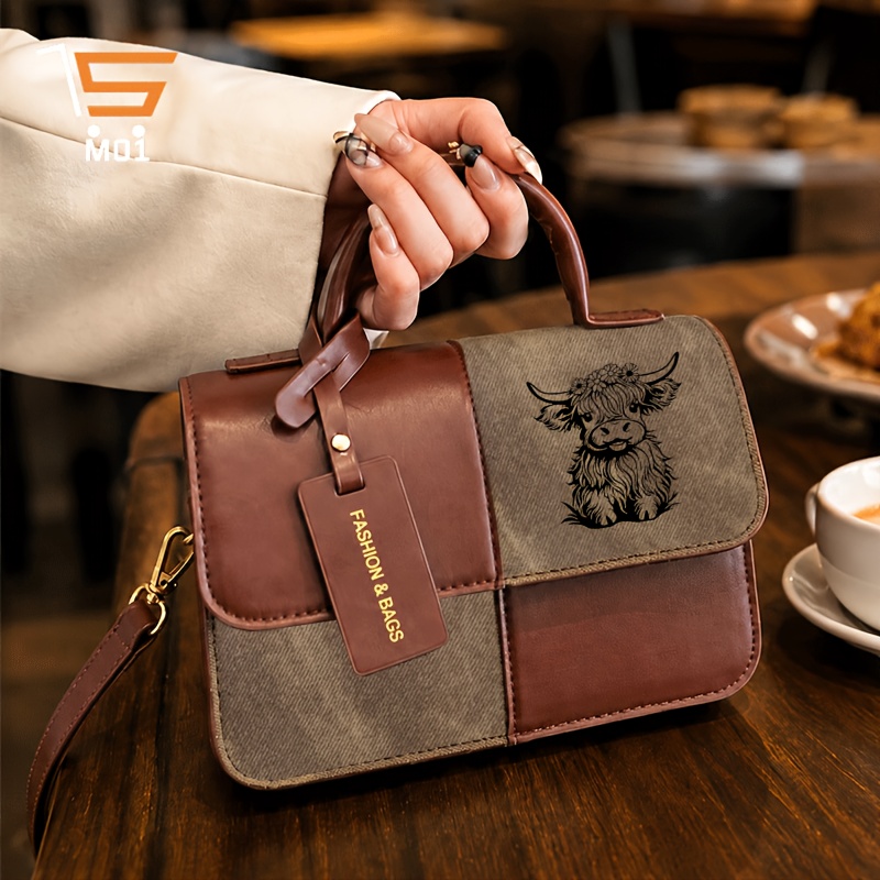 TEMU 1pc M01 Women's Handbag Suitable For Commuting, Magnetic Closure Elegant Square Tote With Detachable Strap & Highland Cow/daisy Crown Print, /,