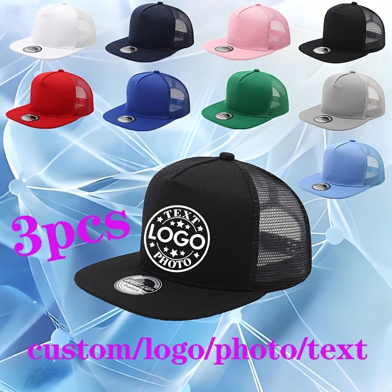 TEMU 3pcs Suitable For Logo/photo/text Printing, Flat Brim Mesh Baseball Caps With Adjustable Snapback, Unisex For , Suitable For Daily Wear, Sports,