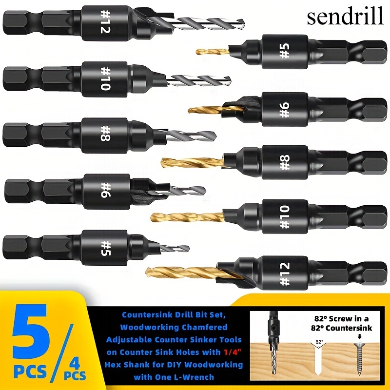 

4/5pcs Woodworking Countersink Drill Bit Set, Adjustable Counter Sinker Tools With 1/4" Hex Shank, Diy Carpentry With L-wrench, Sizes #5 #6 #8 #10 #12, Durable Material