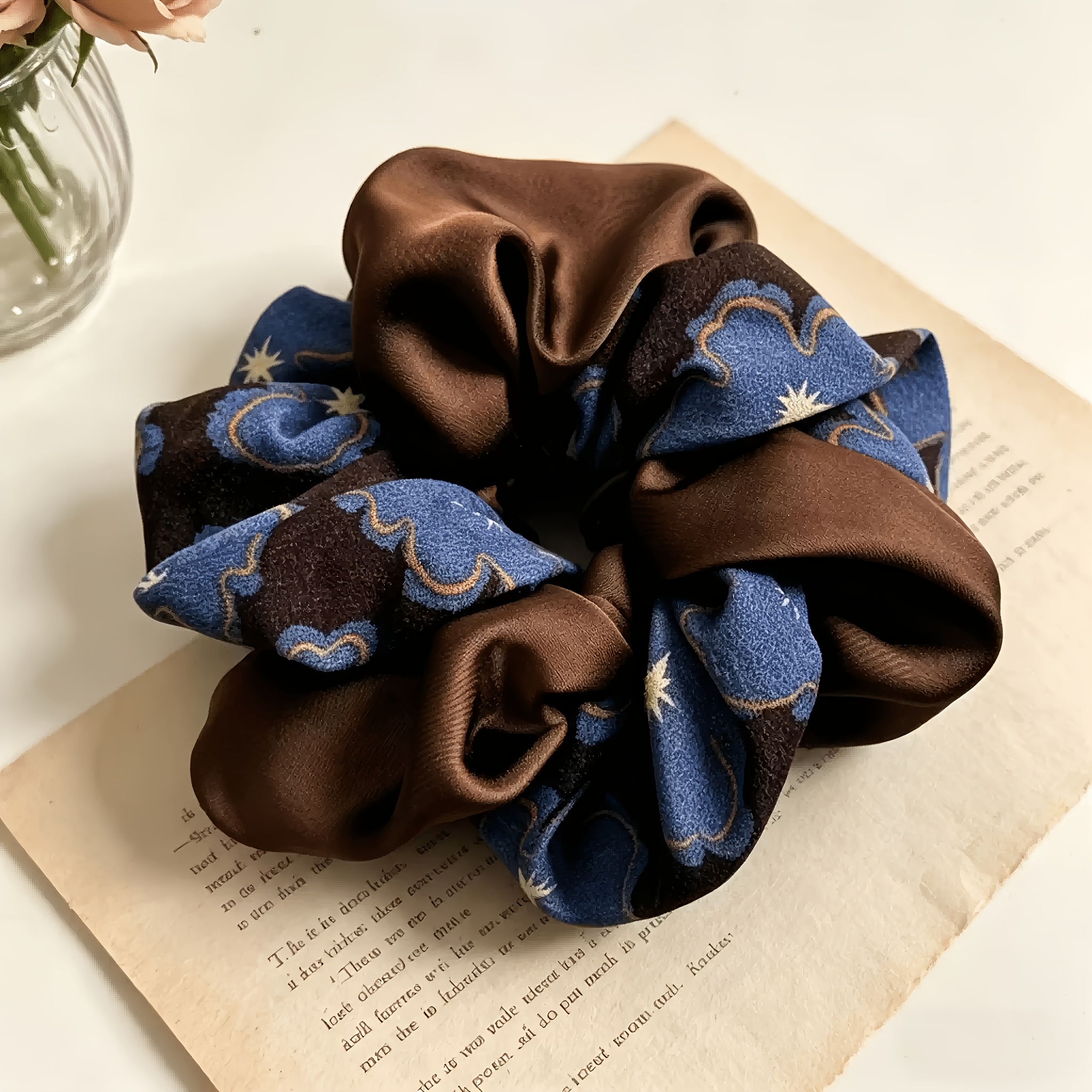 TEMU 1pc Vintage Color Block Satin Large Scrunchies, Soft Printed Hair Elastic Hair Tie For Daily Hairstyle & Ponytail Making