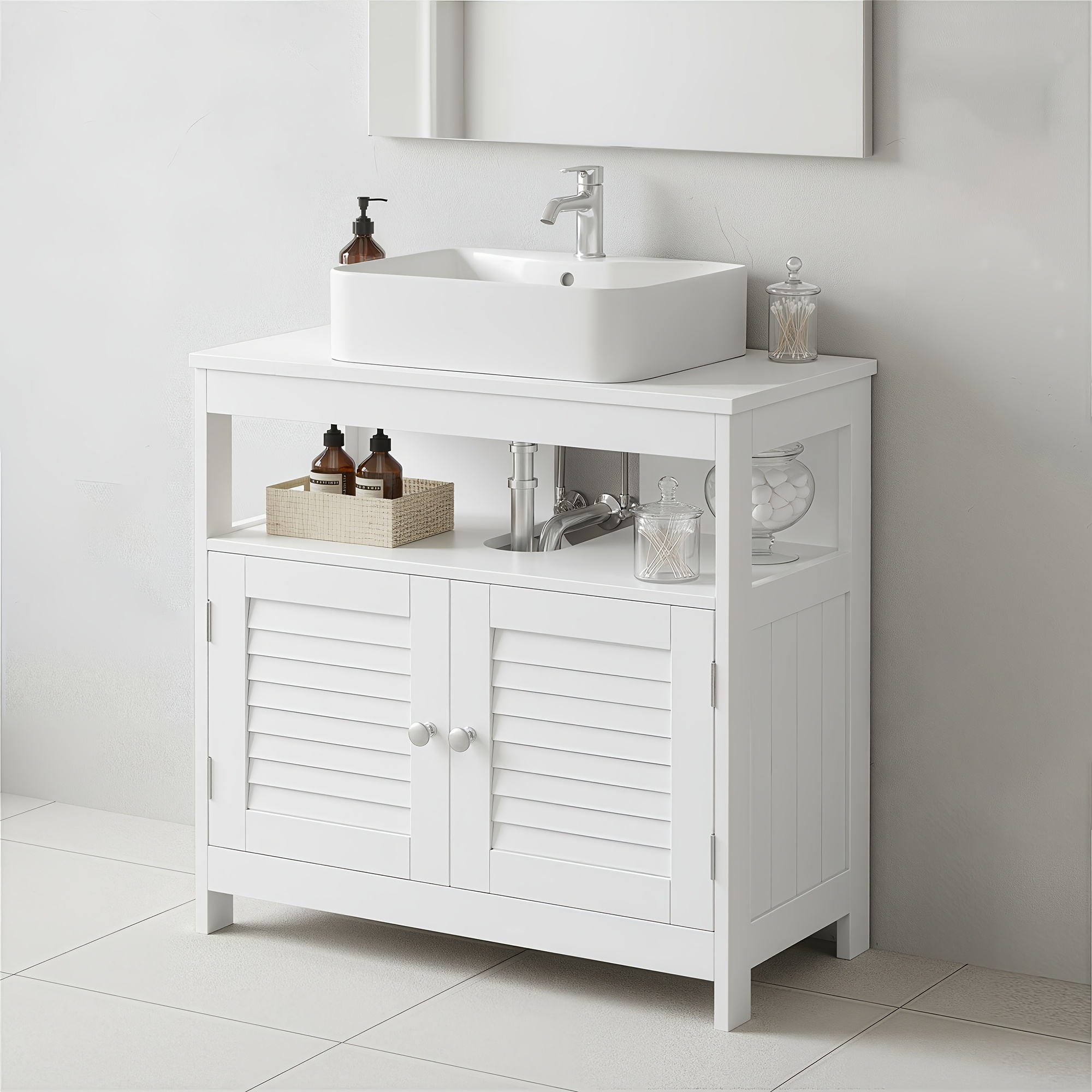 Modern Bathroom Cabinet For Under The Counter, Featuring 2 Slatted Doors, Measuring 30 X 60 X 60 Cm, In