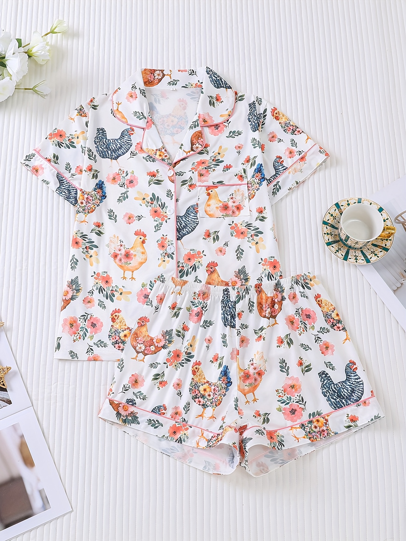 two piece womens elegant polyester white pajama set chicken print fabric     short sleeved button top with collar and matching shorts all   and pocket details   adults pajama sets Product details 0