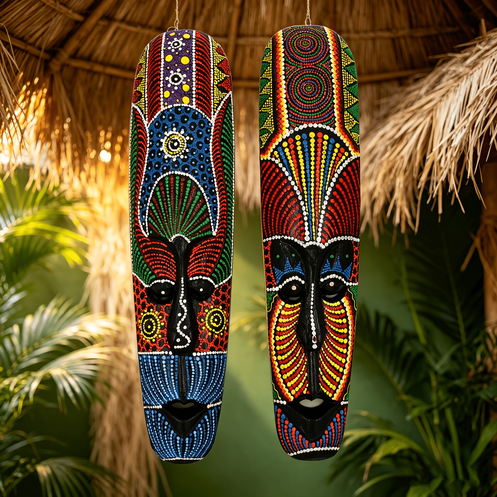 TEMU Plat 2D, 2 pièces de masques muraux ethniques africains en bois, design vintage coloré, décoration murale unique, tenture murale de fond pour