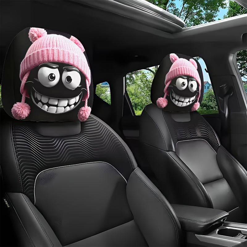 Image of 2pcs Of Fun And Knitted Cap Car Headrest Covers, Soft And Comfortable, Car Decoration Accessories, Headrest Covers, Suitable For Long-distance Travel, Add Driving Pleasure, Give To Relatives