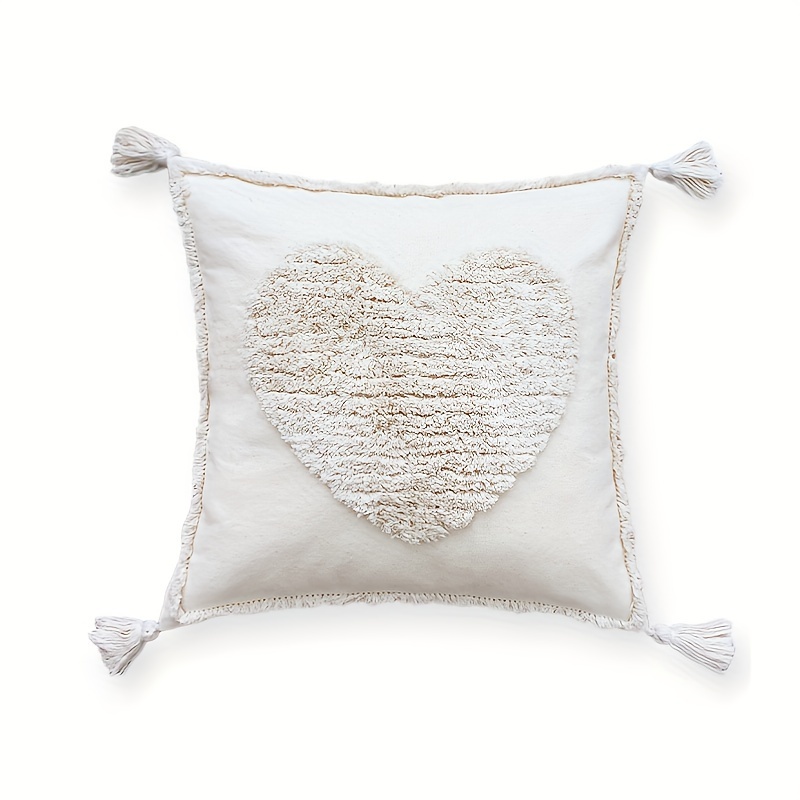 A Beige Heart-tufted Square Pillowcase With Tassels, Bohemian-style Home Decor For Living Room Sofas, Suitable For