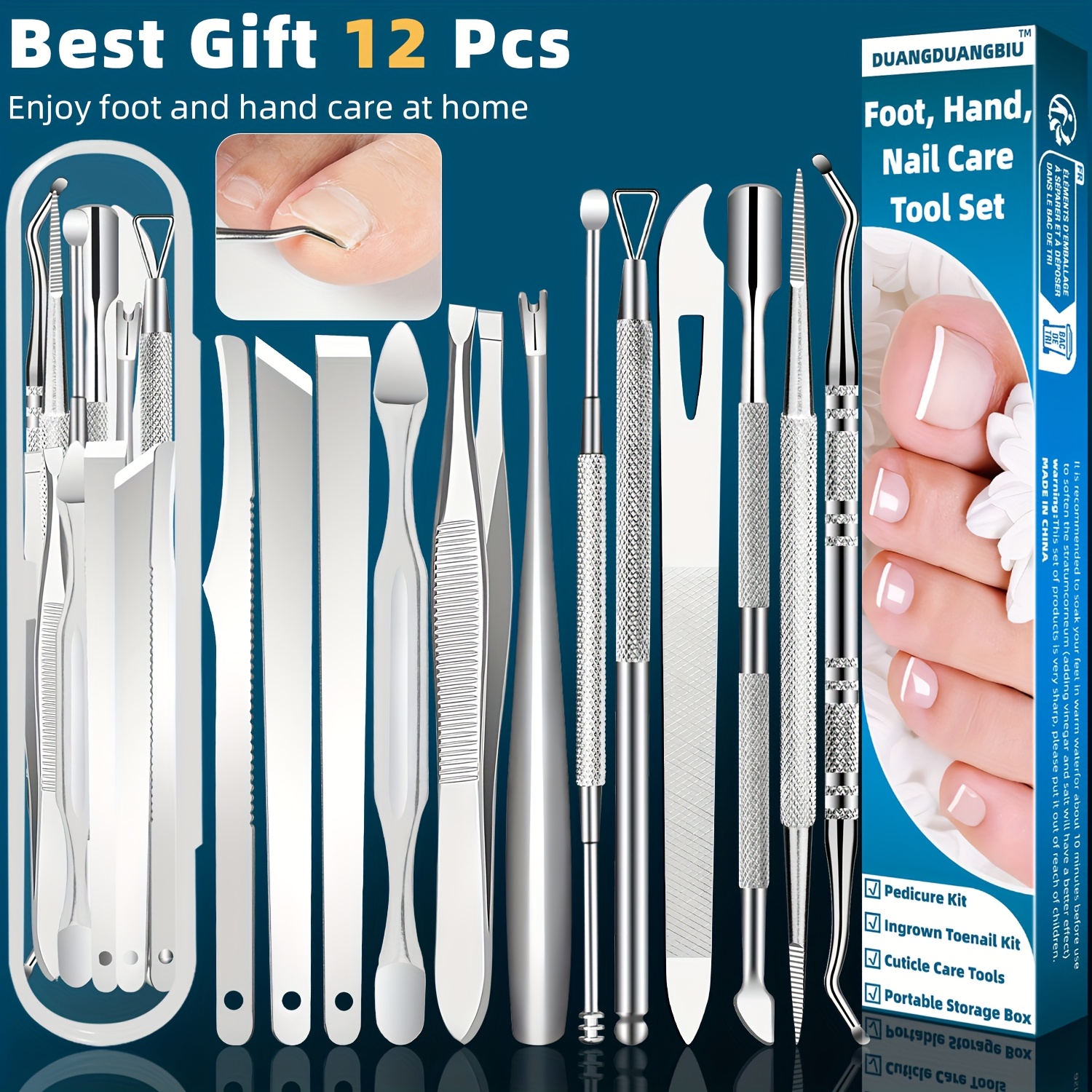 Image of 12pcs Premium Stainless Steel Cuticle & Ingrown Toenail Removal Kit - Pedicure Tools For Nail Care, Best Gift, Duangduangbiu