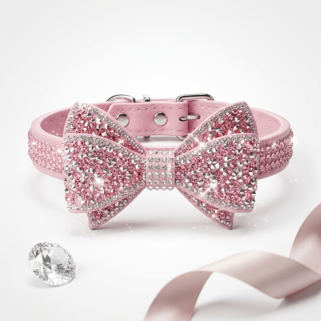 Image of Suitable For Small Pu Bow Collar With Pink Rhinestone Sparkling Bow - Non-choking No-look Collar, For Daily Wear, Photo Shoots & Holiday Outfits, No Loss Bow For Puppy