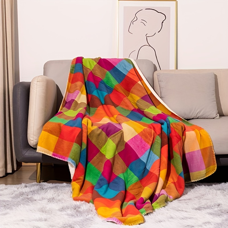 

1pc Coral Fleece Blanket Thickened Double Layer Colorful Pattern Blanket Sherpa Throw Blanket Nap Blanket