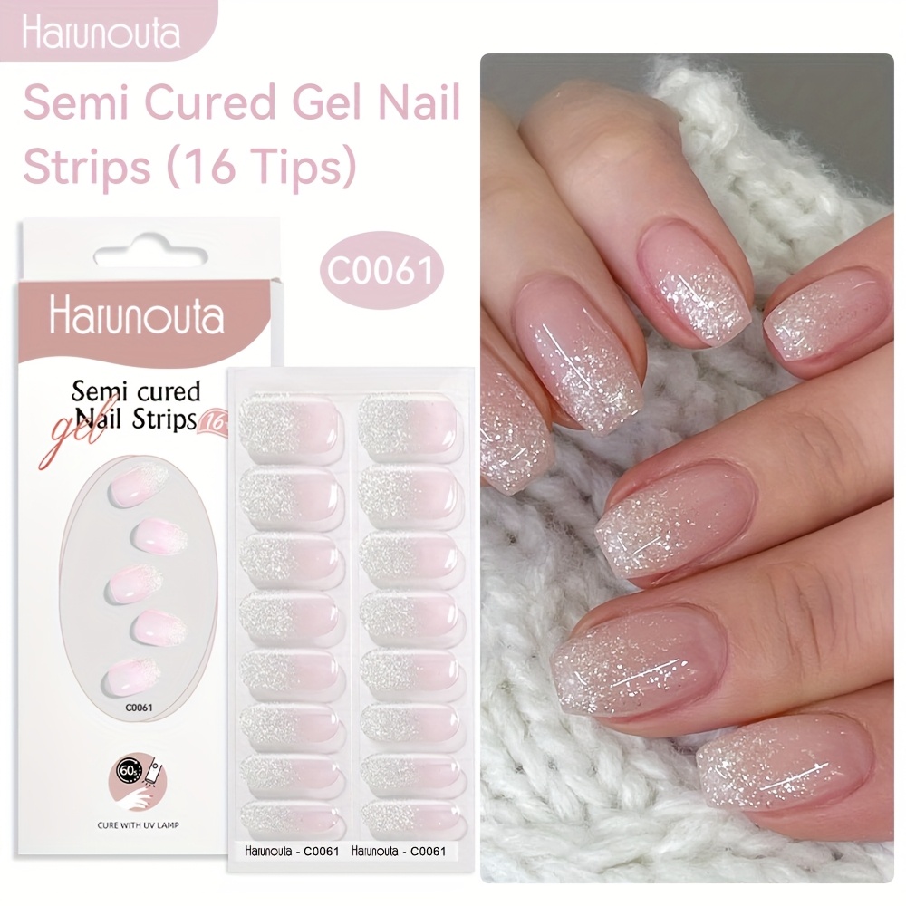 Harunouta 16pcs Semi-cured Gel Nail Strips Glitter Gel Nail Stickers Gradient Jelly Milky Flower Gel Nail Wraps Gel Polish Stickers Nail Art Manicure For Nails