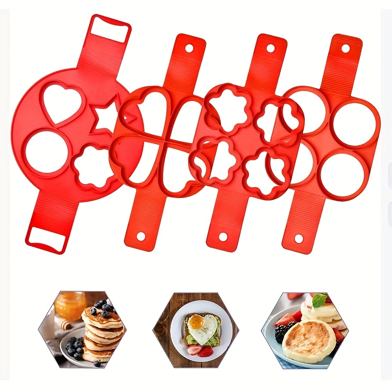 Molde antiadherente para escalfar huevos y hacer panqueques - Formas de corazón, estrella, flor - Molde de silicona en forma de aro para huevos fáciles de limpiar para hacer huevos redondos perfectos, panqueques, huevos fritos - Apto para el hogar, restaurante, desayuno - Utensilio de cocina, cocina