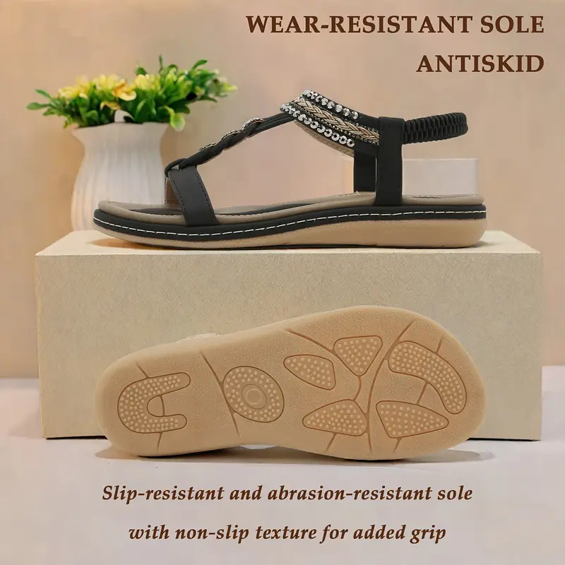 womens bohemian flat sandals elastic ankle strap open toe summer with pu cover upper rubber sole comfortable casual dressy footwear for casual attire strappy sandals comfortable footwear durable traction footwear vacation shoes stylish footwear lightweight construction vacation essentials Product details 2