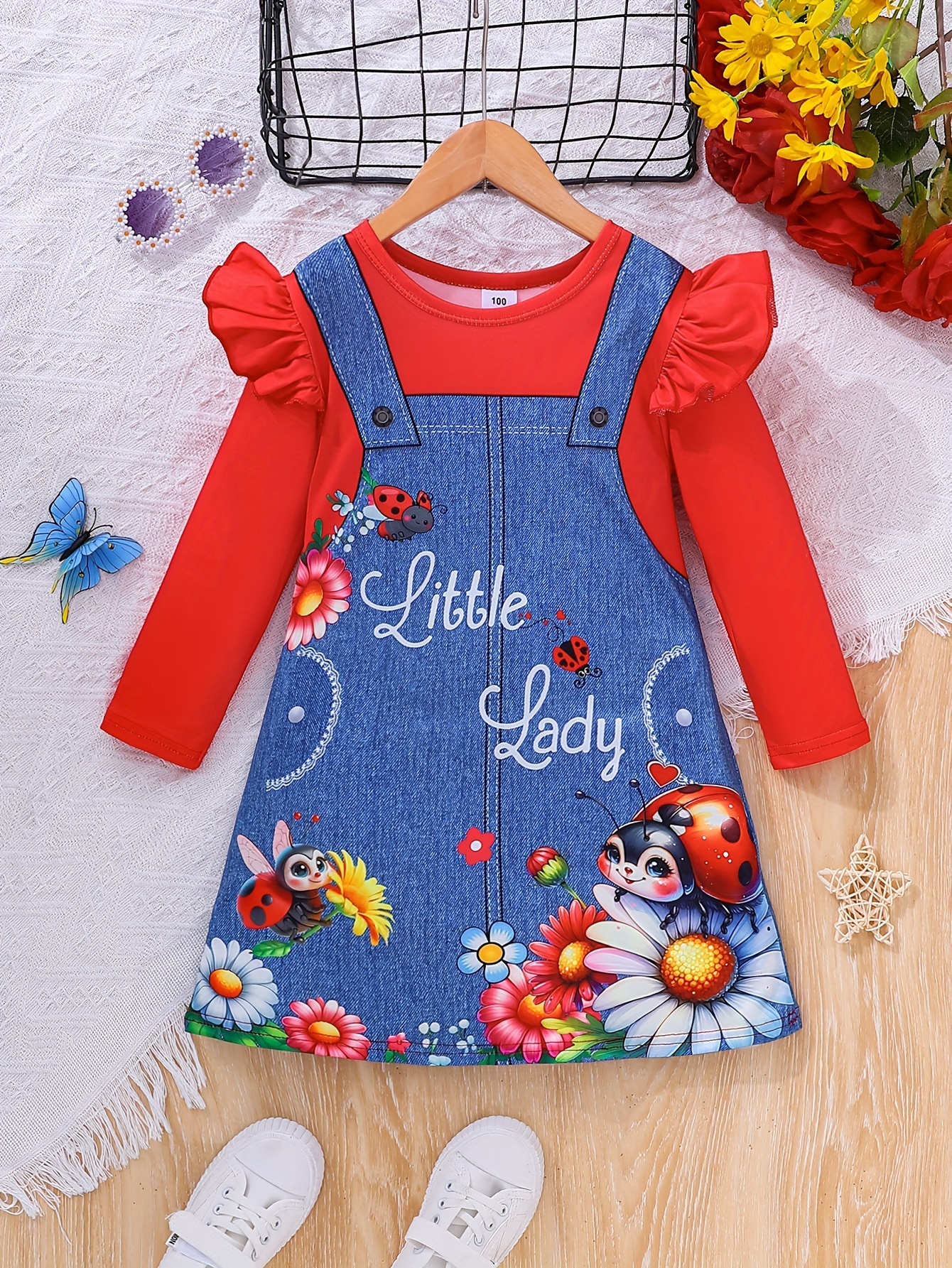 toddlers cute cartoon ladybug floral print faux denim dress - Temu United  Arab Emirates