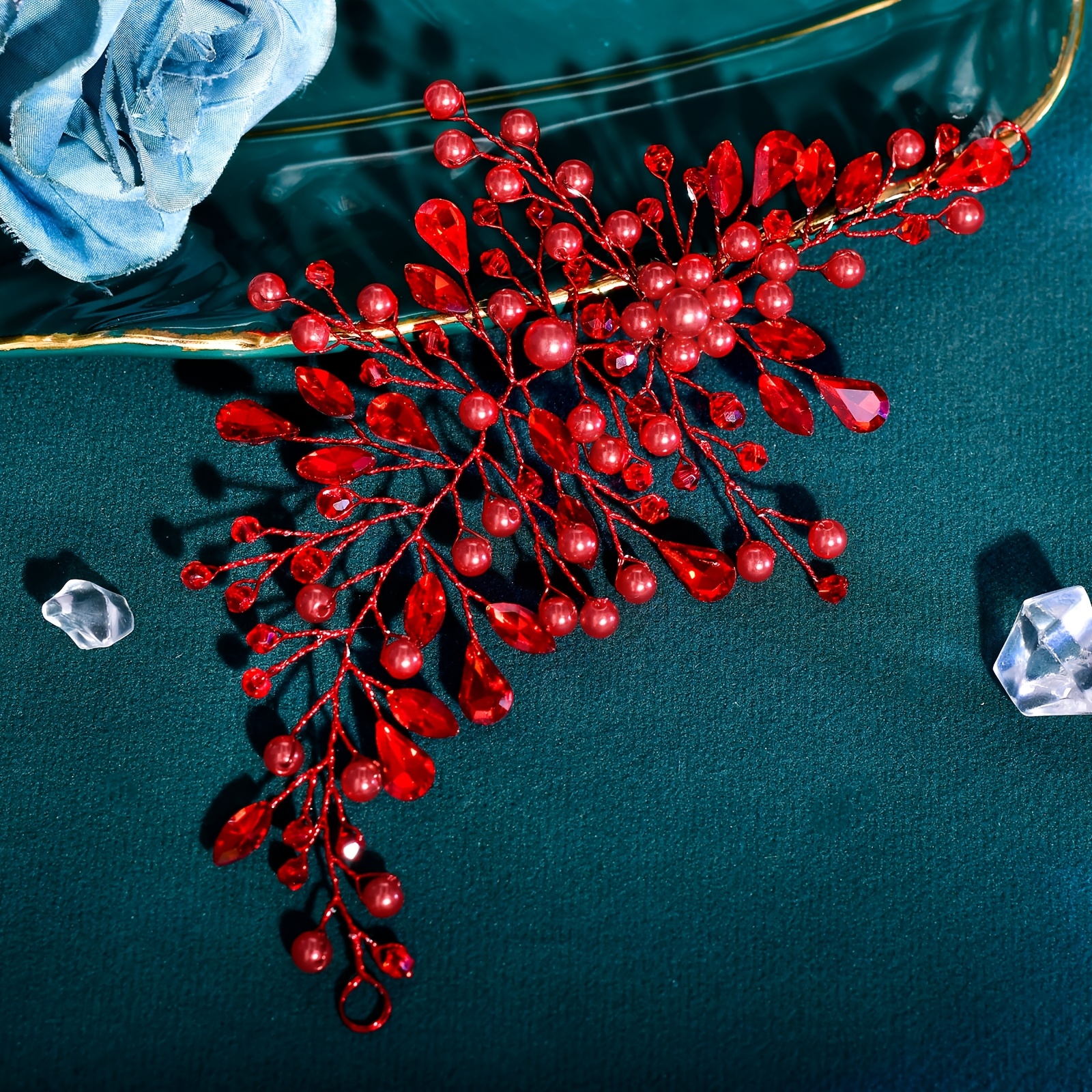 TEMU Accessori per capelli da sposa minimalisti vintage, decorazioni rosse con perline per capelli da donna adatte per matrimoni e di fine Hp84-Hong