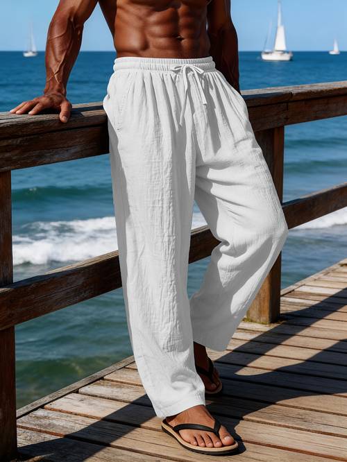 shui obm mens loose fitting jogging pants woven linen solid color straight leg pants casual light business trousers breathable beach pants with drawstring and suitable for daily wear and outdoor sports