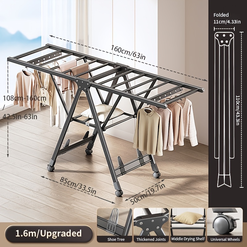 TEMU 2-tier Heavy-duty Clothes Drying Rack With Locking Wheels, 160cm Shoes & Clothes Rack, Foldable Large Laundry Dryer,