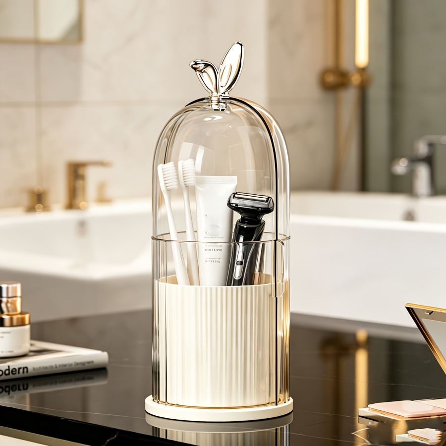 TEMU 360° Rotating Toothbrush Stand With Clear Lid, Dustproof, And Insect-proof, Makeup Organizer With Dividers, For Storing Brushes, Lipsticks, And