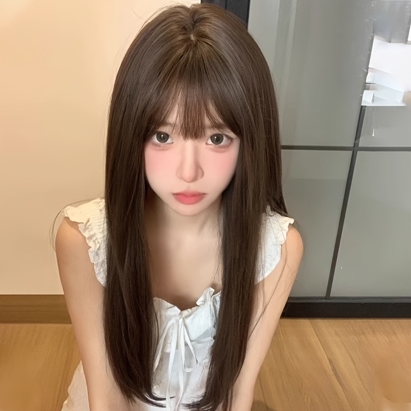 

Fiber Wigs For Women, Basic Straight Style With Air Bangs, Cap, , Lightweight Suitable For All - 100% Density