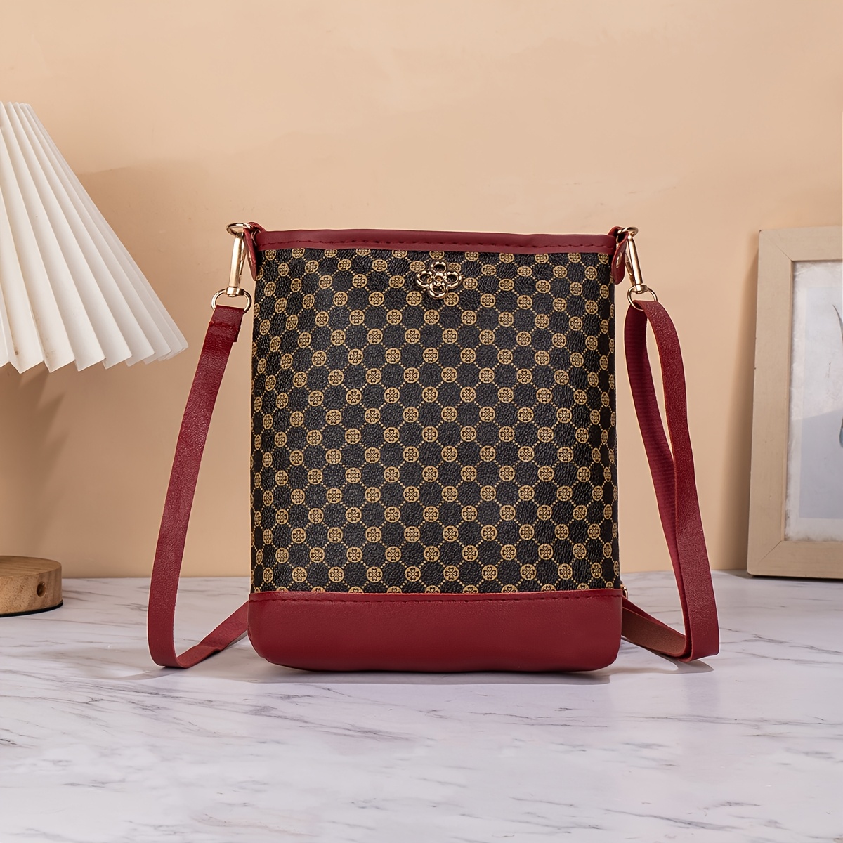 TEMU Sac seau à imprimé géométrique vintage, sac bandoulière pour femme en tissu à imprimé pois positionnés, et polyvalent, adapté aux quotidiens,