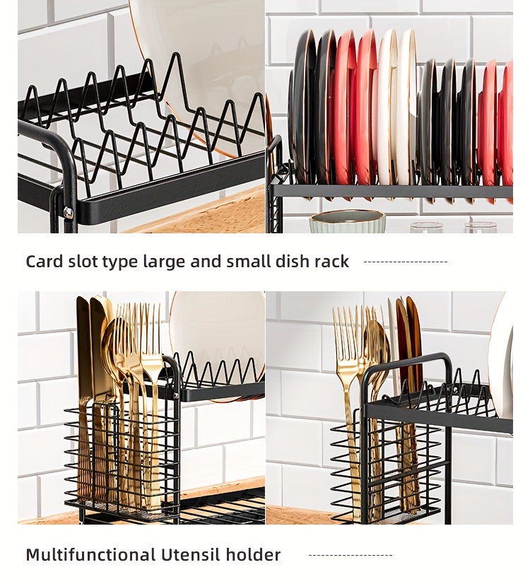 1шт. сушилка для посуды на столе, двухъярусная сушилка с поддоном для слива и держателем для губки, многофункциональная экономящая место стойка для хранения посуды для вилок, палочек, разделочных досок, мочалок, кухонных аксессуаров, детали 2