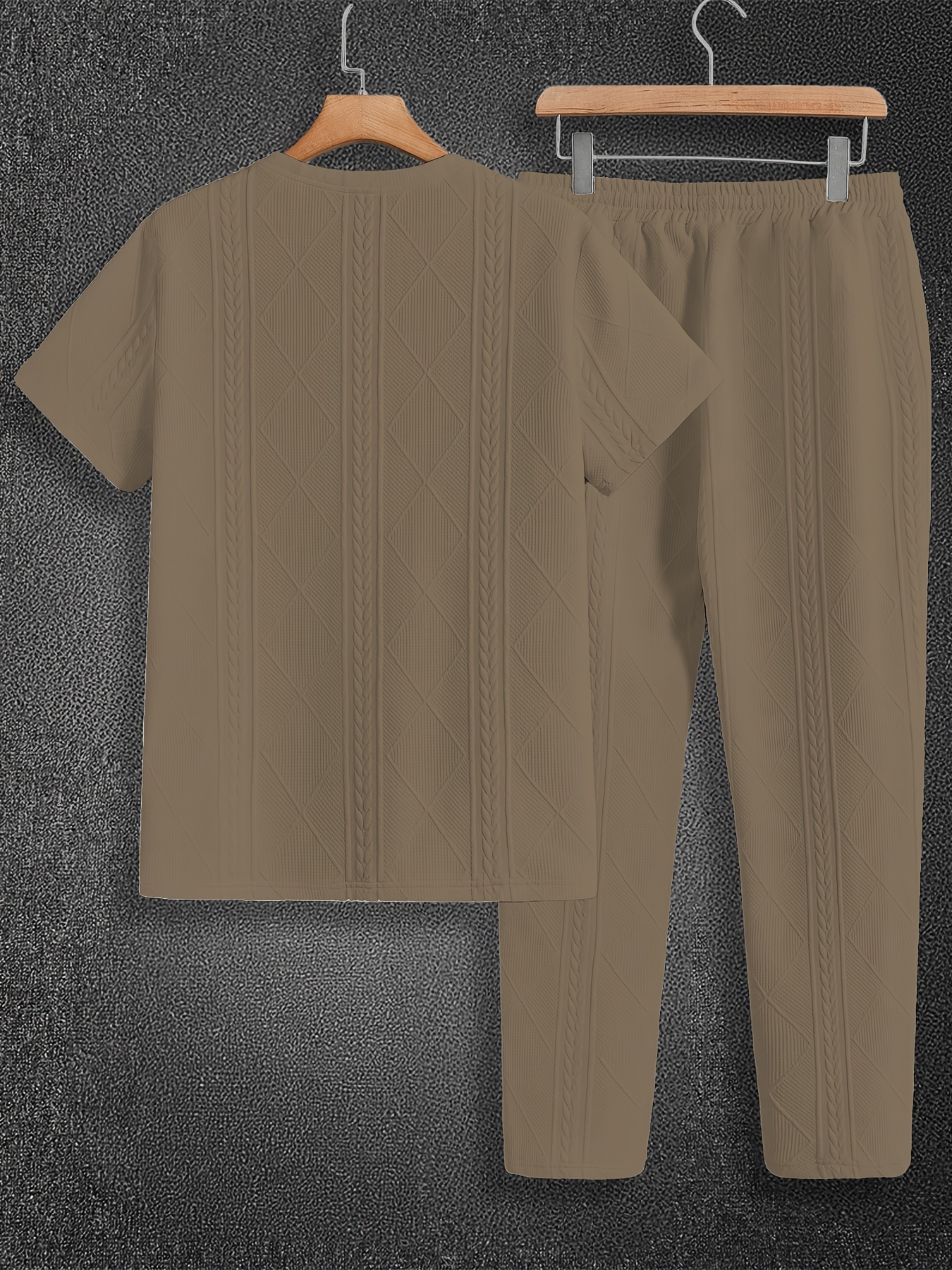 Men'S Suit Round Neck Car Knit Label Tassel Texture Short Sleeve Top Drawstring Slant Pocket Long Pants Casual Two-Piece Set