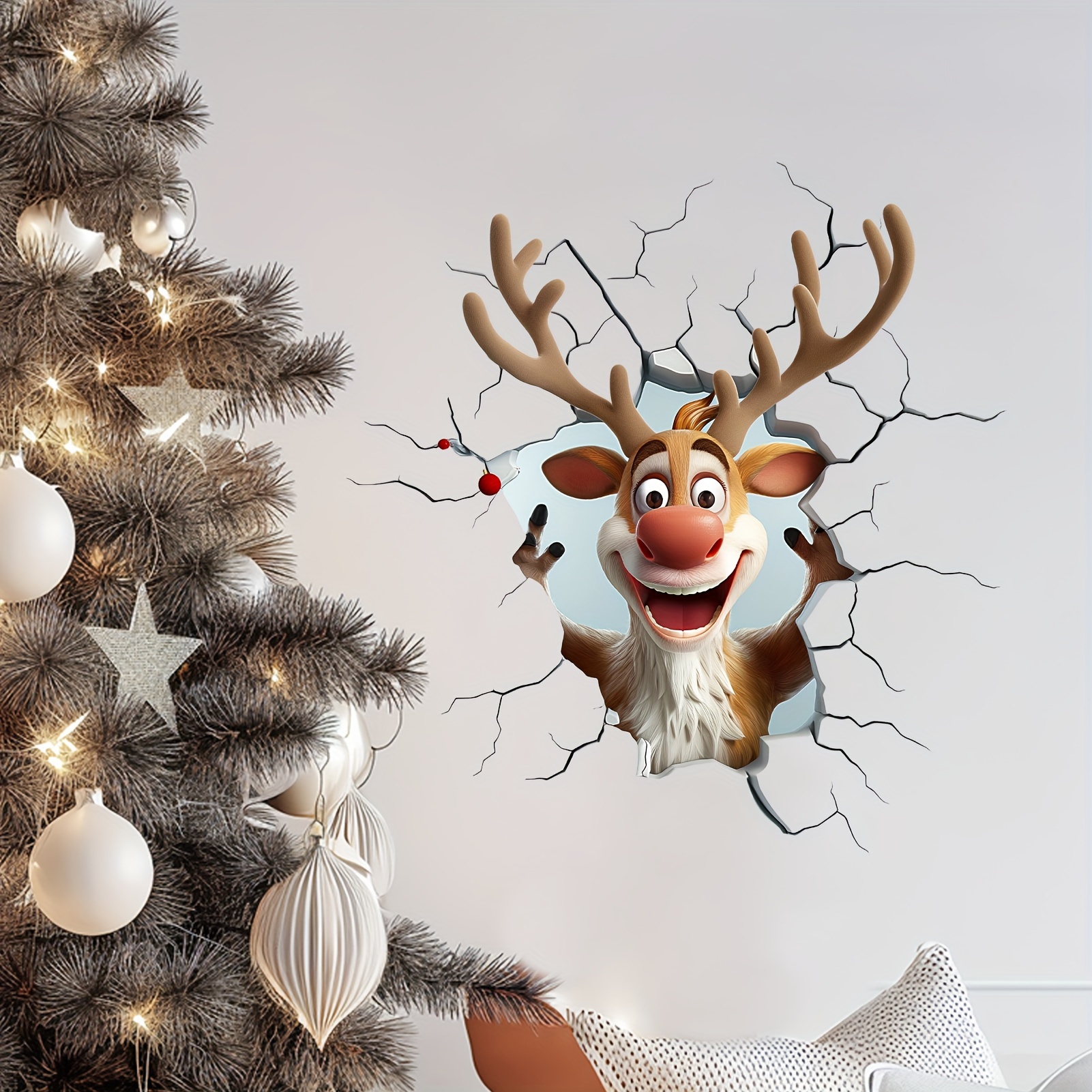 

3d Reindeer Break-through Wall Decal, Vinyl Christmas Wall Stickers, Removable Holiday Decor For Home And Living Spaces