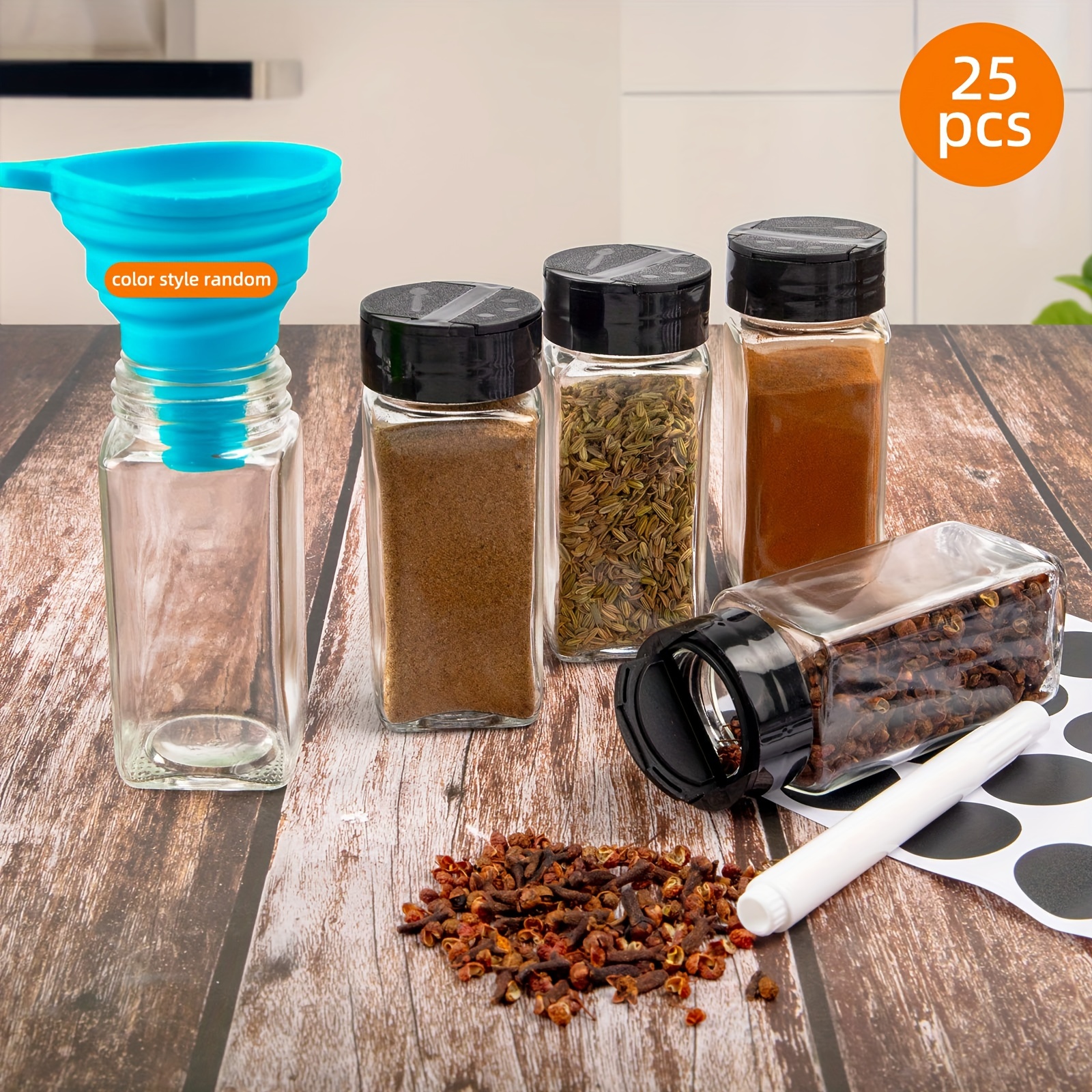 

25 Pcs 4 Ounces (about 113.4 Grams) Glass Seasoning Tank, Black Lid, Suitable For Finishing Drawers, Seasonings, Salt, Pepper, Herbal Medicine, Silicone Folding Funnel, Brush And Chalk