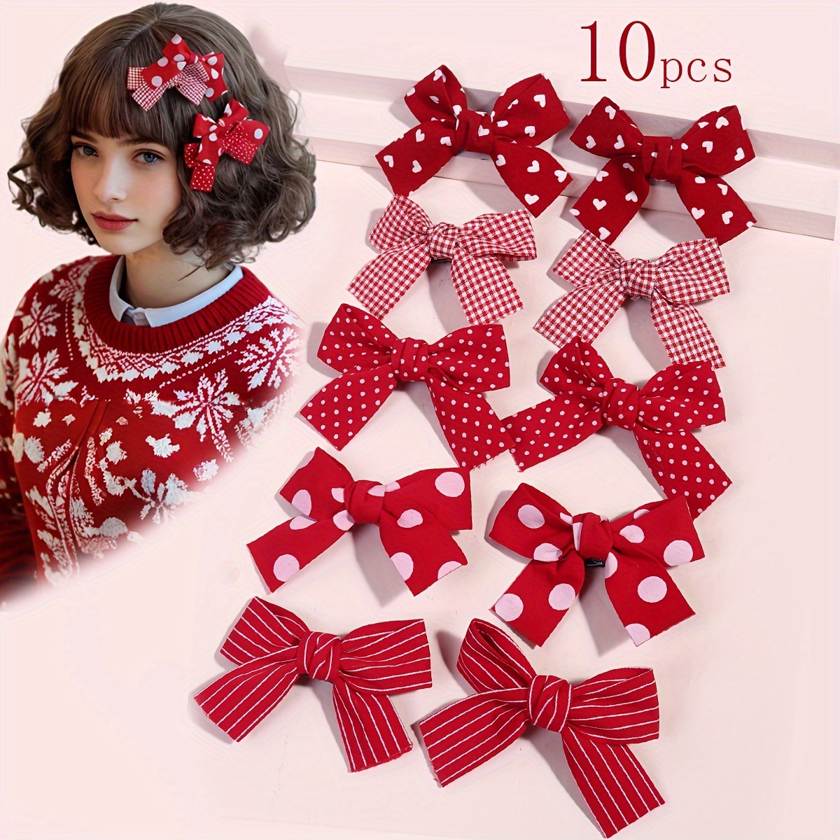 

5 Pairs Dot Printed Hair Clips Striped Hair Clips Printed Fabric Hair Accessories Suitable For New Year Or Festivals
