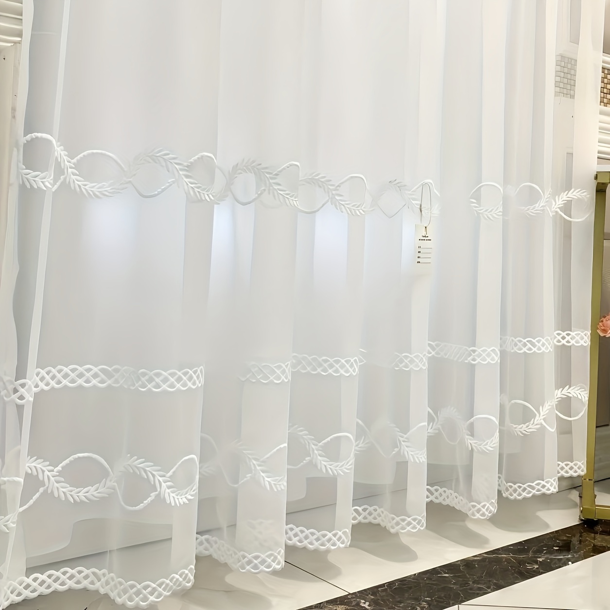 2pcs Chinese-style Embroidered Diamond-pattern Sheer Curtains, White Semi-sheer Embroidered Gauze Curtains With Openwork Embroidery For Bedroom And Balcony Partition
