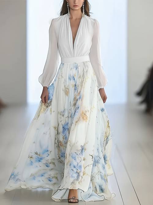 Women S Bohemian Style Printed V-Neck Long Sleeve Dress - Lightweight A-Line with Tassel Puff Sleeves, Elegant Machine Washable Party Dress for Spring Summer Fall, Printed V-Neck Long Sleeve Retro Face Dress( Details- Must Wash Before Wear), Flower Pattern Elastic, And Block