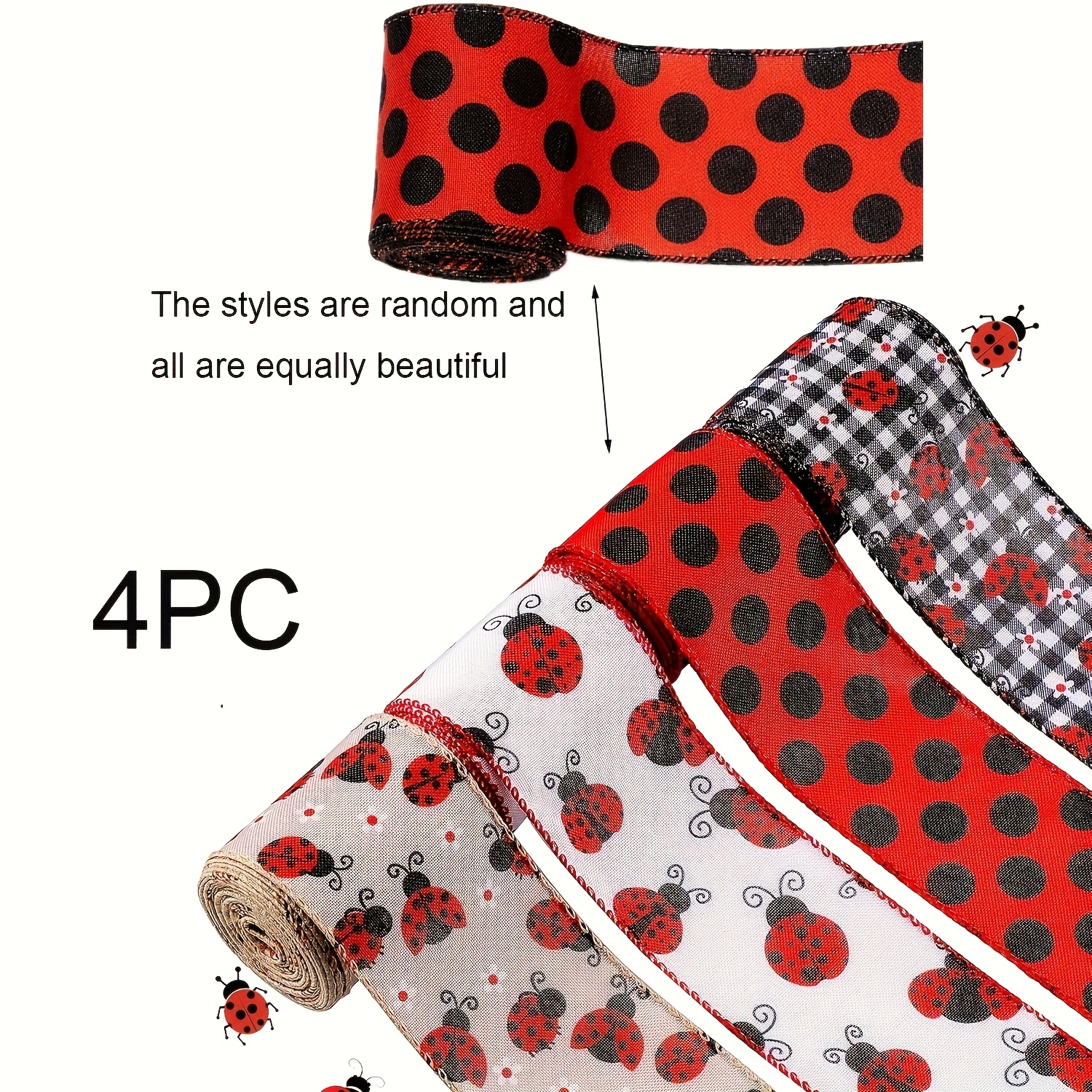 TEMU 4pcs Ladybugs Wired Ribbon, Red Polka Dot Wired Edge Ribbon For Diy Craft, Hair Bows, Wreaths, Hats, Cakes, Ladybug Party & Farmhouse Decor,