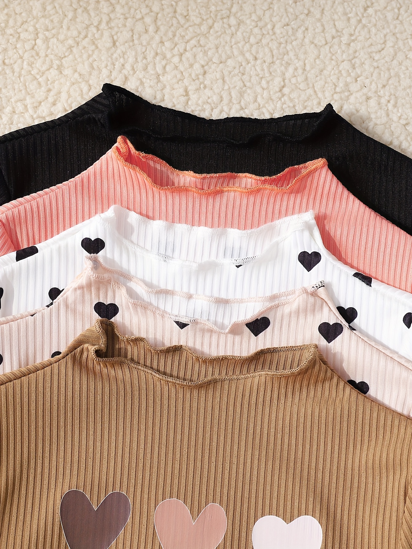 5pcs Girls' Heart Pattern Long-Sleeve Tops Set, Spring/Autumn