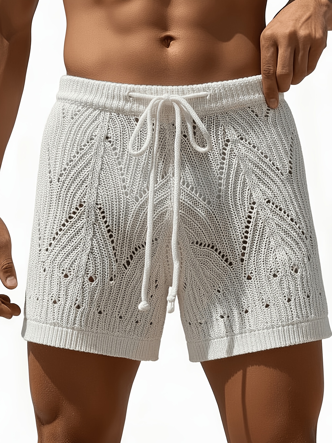 Men's Pleated Shorts, Knitted Casual Shorts, a Breathable Summer Wear Item, Featuring a Straight-cut Slightly Loose Short Style with a Drawstring Design and Hollowed-out Patterns, Suitable for Beach Vacations, Summer Lounging, Music Festivals