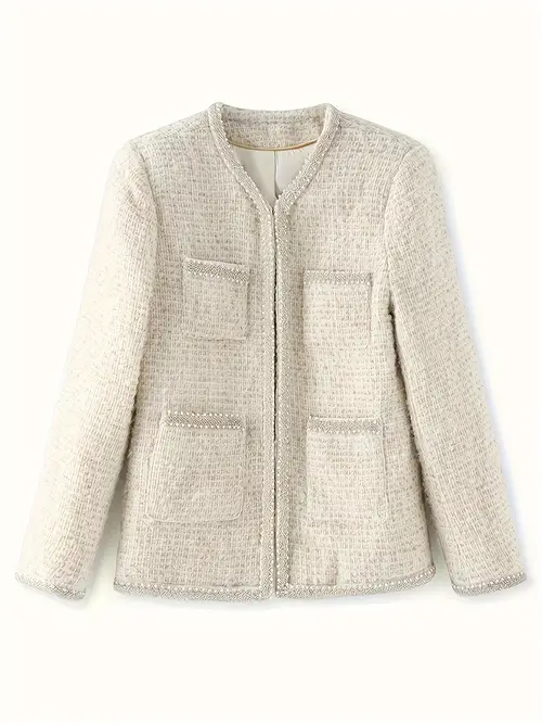 캐주얼 트위드 비즈 장식 자켓, 화이트 거위털 충전재, 블렌드 소재, 긴팔, 레귤러 핏, 겨울용 안감 코트, 단색 패턴, 비늘 없는 원단