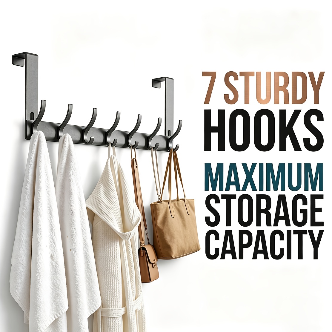 TEMU 7 Hook Over The Door Hanger, 14 Hanging Spots, Fits 1.75 Inch Doors, Rustproof Metal Coat Rack, Towel Holder For Bathroom, Hat Organizer For