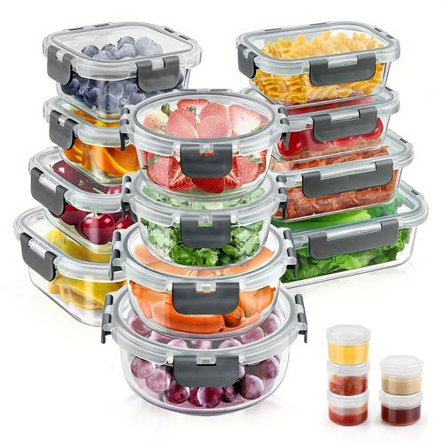 34pcs glass food storage containers with lids set airtight glass meal prep containers 17 containers 17 lids leak proof lunch containers bpa free microwave oven freezer dishwasher grey